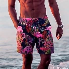 Men's Leaf Flamingo Graphic Prints Swim Trunks Swim Shorts Board Shorts Mid Waist Hawaiian Boho Casual Daily Beach Drawstring with Mesh lining Elastic Waist De