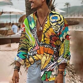 Men's Butterfly Shirt Summer Hawaiian Shirt Aloha Shirt Long Sleeve Shirt Turndown Fashion Streetwear Designer Casual Daily Outdoor White Yellow Green S M L