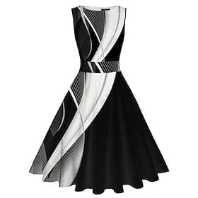 femmes rétro des années 1950 robes de thé vintage robe midi date quotidienne froncé impression note col rond sans manches mince été printemps 2023 noir blanc s