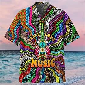 Men's Music Hippie Shirt Summer Hawaiian Shirt Button Up Shirt Short Sleeve Sports Fashion Streetwear Casual Outdoor Hawaiian Summer Spring Cuban Collar Print