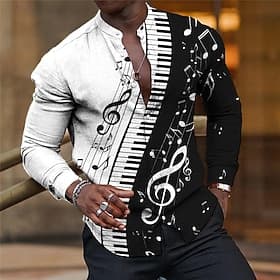 Men's Boardmasters Music Notes Shirt Button Up Shirt Long Sleeve Fashion Streetwear Designer Outdoor Casual Daily Summer Spring Fall Stand Collar Print White P