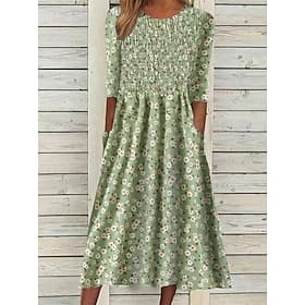 Robe Midi Femme Fleurie Ditsy Froncée avec Poche Col Roulé Quotidien Vacances Manches Courtes Été Printemps