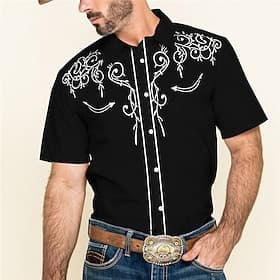Men's Floral Graphic Prints Shirt Western Shirt Cowboy Shirt Short Sleeve Fashion Streetwear Designer Outdoor Street Daily Summer Spring Turndown Print Black W