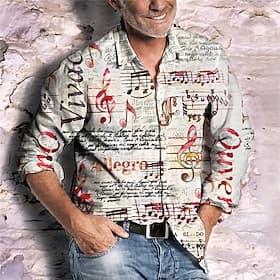 Men's Vintage Music Notes Shirt Button Up Shirt Long Sleeve Fashion Streetwear Designer Outdoor Casual Daily Summer Spring Fall Turndown Print Red Blue Purple
