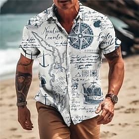 Herren Anker Vintage Kompass Hemd Knopfhemd Kurzarm Vintage Mode Designer Lässig Outdoor Sommer Frühling Umlegekragen Druck Blau Schwarz Weiß Gelb Grau