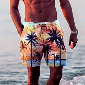 Men's Coconut Tree Graphic Prints Swim Trunks Swim Shorts Board Shorts Mid Waist Hawaiian Boho Casual Daily Beach Drawstring with Mesh lining Elastic Waist Des