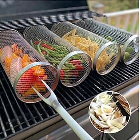 Rolling Grill Basket - SUS304 Stainless Steel Barbecue Cooking Grill Grate - Outdoor Round BBQ Campfire Grill Grid - Camping Picnic Cookware