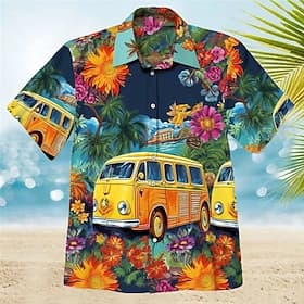 Men's Floral Hippie Bus Shirt Summer Hawaiian Shirt Aloha Shirt Short Sleeves Shirt Turndown Fashion Streetwear Designer Outdoor Street Casual Yellow Navy Blue