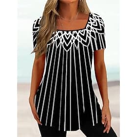 T-shirt tunique basique à rayures florales pour femmes, grande taille, imprimé, manches courtes, col carré, décontracté, vacances, noir, blanc, rose, violet, g
