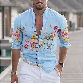 Men's Floral Graphic Prints Shirt Long Sleeve Shirt Stand Collar Casual Daily Blue White Yellow Light Blue Print Clothing Apparel Fashion Streetwear Designer C