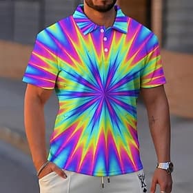 Men's Graphic Neon Polo Shirts Golf Shirt Short Sleeve Polo Shirts Collared Shirts Casual Vacation Wear Rave Wear Party Outfits Buttons 3D Print Yellow Blue Pu