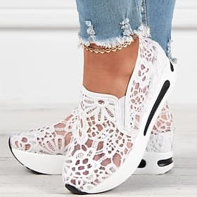 Women's Beige Lace Mesh Slip-On Platform Sneakers with Air Cushion Sole - Stylish and Comfortable Casual Shoes for Daily Wear