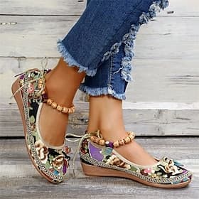 chaussures compensées vintage brodées de fleurs pour femmes – style bohème ethnique, ballerines confortables à enfiler avec nœud papillon – chaussures décontra