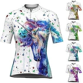 Femmes Maillot de cyclisme Licorne Manche Courte Cyclisme Maillot Top avec 3 poches arrière VTT Vélo tout terrain Cyclisme sur route Séchage Rapide Bandes réfl