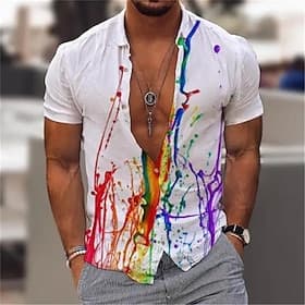 Men's Rainbow Geometric Pattern Pride Shirt Button Up Shirt Short Sleeve Fashion Streetwear Designer Outdoor Daily Going out Summer Spring Turndown Print White