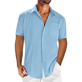 Men's Shirt Linen Shirt Cotton Linen Shirt Guayabera Shirt Summer Shirt Beach Shirt Plain Vacation Casual Black White Navy Blue Blue Short Sleeve Lapel Summer