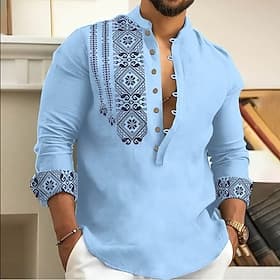 Men's Ethnic Shirt Button Up Shirt Long Sleeve Fashion Streetwear Designer Outdoor Street Daily Summer Spring Fall Stand Collar Print White Pink Blue Green Gra