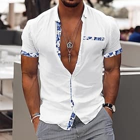 Herren Hemd Leinenhemd Sommerhemd Strandbekleidung Freizeithemd Knopfhemd Farbblock Lässig Täglich Blau Weiß Rosa Marineblau Kurzarm Revers Sommer Bekleidung P
