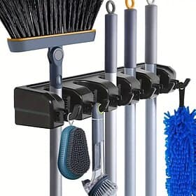 Broom Holder, Wall Mounted Garden Tool Organizer, Home Laundry Room, Kitchen, Closet, Shed, Garage Organization And Storage Utility Rack, 5 Slots 6 Hooks, Rak