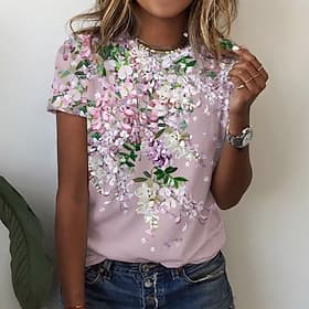 Women's T Shirt Basic Floral Print Short Sleeve Regular Tops Round Neck Holiday Weekend Pink Blue Green