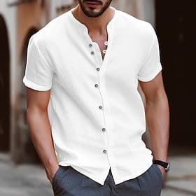 Homme Chemise Chemise en lin Chemise d'été Tenue de plage Chemise à col officier Chemise Boutonnée Uni Vacances Occasionnel Noir Blanche Bleu Kaki Manche Court
