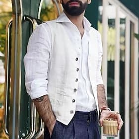 Men's Vest Waistcoat Daily Wear Vacation Going out Fashion Basic Spring Fall Button Cotton Polyester Comfortable Plain Single Breasted V Neck Regular Fit Whi