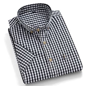 Men's Dress Shirt Button Down Shirt Stripes and Plaid Wedding Office Career Black Red Dark Navy Blue Short Sleeve Turndown Spring Summer Clothing Apparel