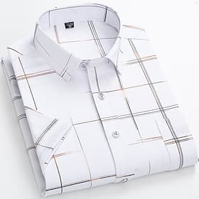 Hombre Camisa para Vestido Camisa sin planchar Cuadros / Rayas / Chevron Boda Oficina y carrera Negro Blanco Vino Azul Marino Oscuro Manga Corta Cuello Camiser