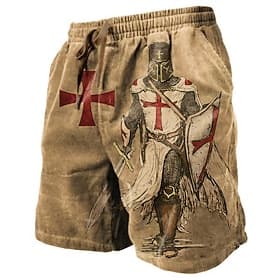 Men's Graphic Knights Templar Cross Sweat Shorts Beach Shorts Terry Shorts Mid Waist Vintage Casual Daily Holiday Streetwear Drawstring Elastic Waist 3D Print