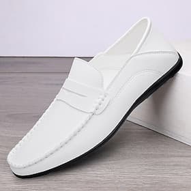 Men's White Faux Leather Loafers – Casual Slip-On Driving Shoes for Business Summer Wear