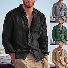 Homme Chemise Chemise en lin Chemise d'été Chemise de Plage Chemises non rentrées Couleur Unie Extérieur Vacances Noir Marron Vert Kaki manche longue Col Rabat
