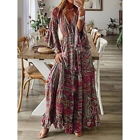 Femmes Robe Maxi Robe bohème Robe Bohème à Manches Longues Robe Imprimée Bohème Mode Streetwear Manche Évasée Rue Fête Sortir Coupe Ample Graphique Col en V Bl