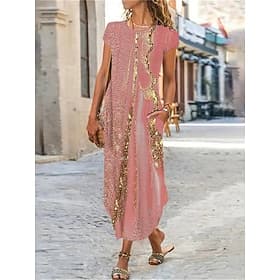 Damen Maxi Kleid Shift Kleid Ombre Marmor Tasche Split Rundhals Alltag Date Kurzarm Sommer Frühling