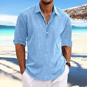 Men's Shirt Linen Shirt Summer Shirt Beach Wear Plain Vacation Casual Black White Blue Green Long Sleeve Lapel Spring Summer Clothing Apparel