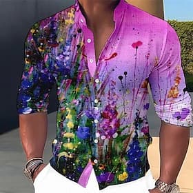 Men's Floral Shirt Button Up Shirt Long Sleeve Fashion Streetwear Designer Casual Daily Outdoor Summer Spring Fall Stand Collar Print Blue Yellow Purple Green