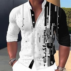 Men's Geometric Pattern Shirt Button Up Shirt Long Sleeve Fashion Streetwear Designer Outdoor Casual Daily Summer Spring Fall Stand Collar Print Blue Blue-Gree