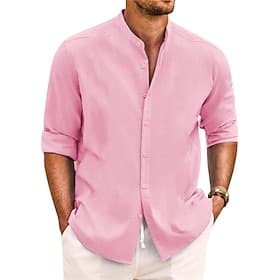 Men's Shirt Summer Shirt Beach Wear Casual Shirt Band Collar Shirt Button Up Shirt Plain Casual Daily Black White Pink Green Long Sleeve Band Collar Spring Su