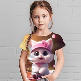 Camiseta de manga corta con estampado 3D de gato y animal para niña, ideal para verano, primavera, estilo activo, de poliéster, para niños de 4 a 12 años, para