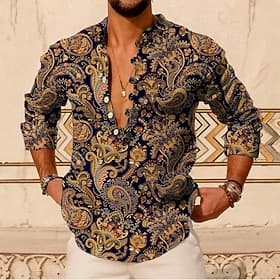 Herren Paisley-Muster Vintage Hemd Knopfhemd Langarm Vintage Mode Streetwear Outdoor Lässig Täglich Sommer Frühling Herbst Stehkragen Druck Rosa Blau Braun Grü