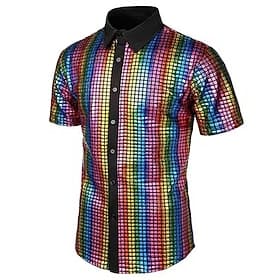 Men's Prom Shirt Disco Shirt Tuxedo Shirts Plain Formal Evening Birthday Party Black Yellow Blue Rainbow Short Sleeve Lapel Summer Spring Clothing Apparel Sequ