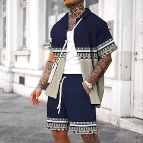 Herren Vintage Geometrie Ethnisch 2St Hemden-Sets Sommer Hawaiihemd Kurzarm Kurze Hosen Umlegekragen Mode Streetwear Designer Outdoor Straße Täglich Druck Somm