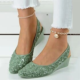 Women's Green Floral Embossed Closed-Toe Wedge Mules, Slip-On Backless Comfort Low Wedge Shoes for Casual Work