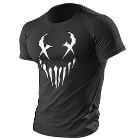 Men's Short Sleeve Graphic T-Shirt with Abstract Scary Face Design, Ideal for Gym Casual Wear