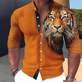 Men's Animal Tiger Shirt Button Up Shirt Long Sleeve Fashion Streetwear Designer Outdoor Casual Daily Summer Spring Fall Stand Collar Print Blue-Green Red Blue