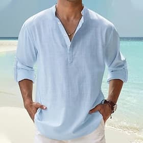Men's Linen Shirt Popover Shirt Casual Shirt Beach Shirt Band Collar Shirt Plain Beach Vacation Blue Black White Pink Long Sleeve Henley Spring Summer Clothin