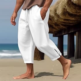 Men's Linen Pants Summer Pants Cropped Pants Beach Pants Drawstring Elastic Waist Plain Comfort Breathable Calf-Length Casual Daily Holiday Fashion Classic Sty