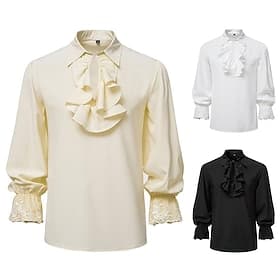 Retro Vintage Punk Gothic Mittelalterlich Hemd Trompetenärmel Prinz Ritter Gentleman Outlander Edelmann Bestickt Gerüscht Einfarbig Kostüm Herren Seeräuber Fa