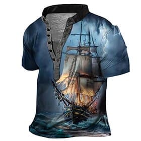 Men's Graphic Ship Henley Shirt Short Sleeve 3D Print Fashion Casual Comfortable Outdoor Daily Going out Summer Dark Brown Pink Red Navy Blue Blue Henley Henle