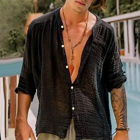 Men's Shirt Cotton Linen Shirt Chinese Collar Shirt Mandarin Collar Shirt Summer Shirt Beach Shirt Plain Vacation Hawaiian Black Khaki Long Sleeve Lapel Spring