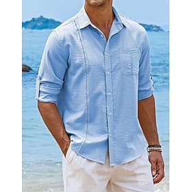 Hombre Camisa Camisa Guayabera camisa de lino Abotonar la camisa Camisa de verano Camisa de playa Negro Blanco Azul Marino Manga Larga Plano Cuello Vuelto Prim